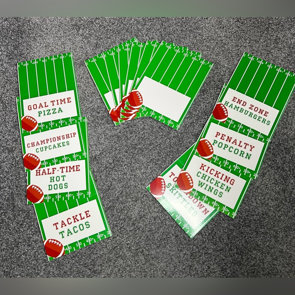 NEW Game day Football banner 15 Food Cards, concessions place cards, green white